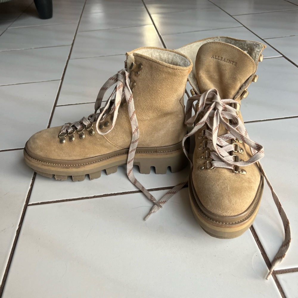 All Saints Cream Lace Up Boots with Rugged Design and Thick Sole